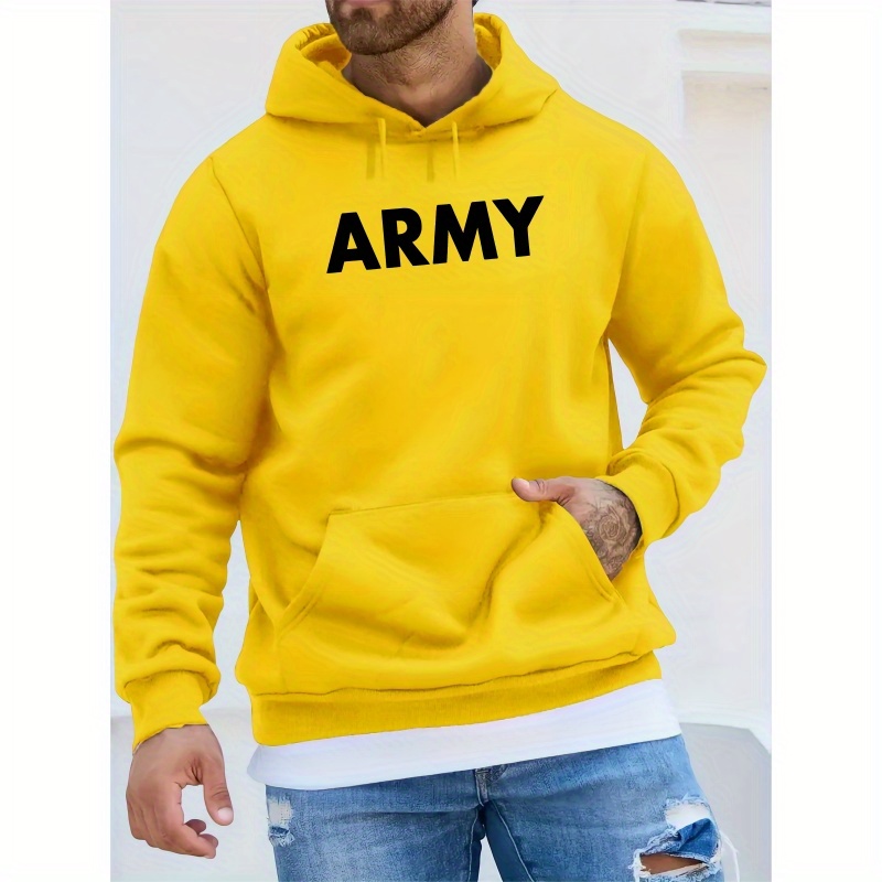 

Casual Army Alphabet Print Hoodie For Men - 100% Polyester Knit Fabric With Long Sleeves, Slight Stretch, Regular Fit, Winter Season Hooded Sweatshirt