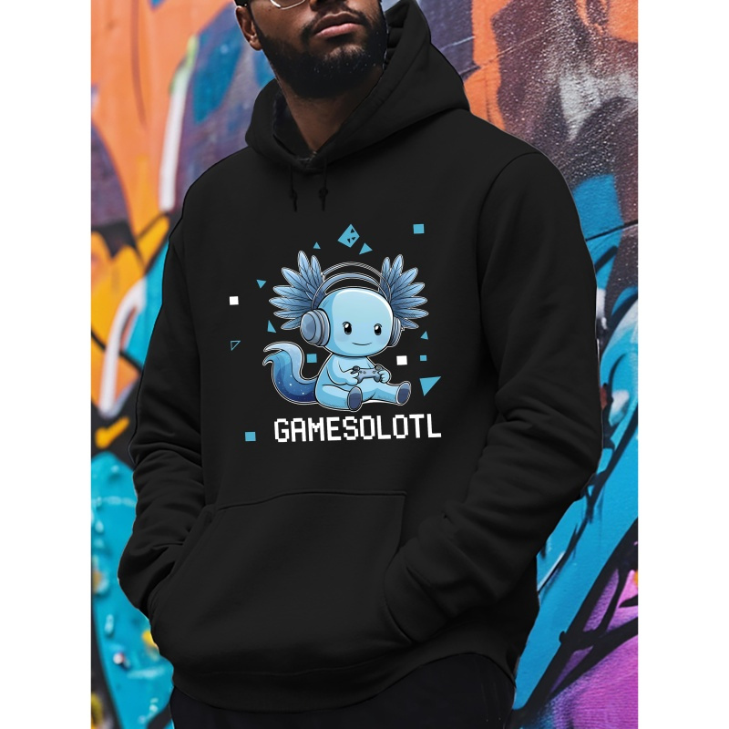 

Axolotl Gamer Graphic Hoodie - Casual Polyester Knit Sweatshirt With Long Sleeves, Hooded Collar, Slight Stretch, Printed Design For Fall/winter - Unisex Pullover For Teens And Adults