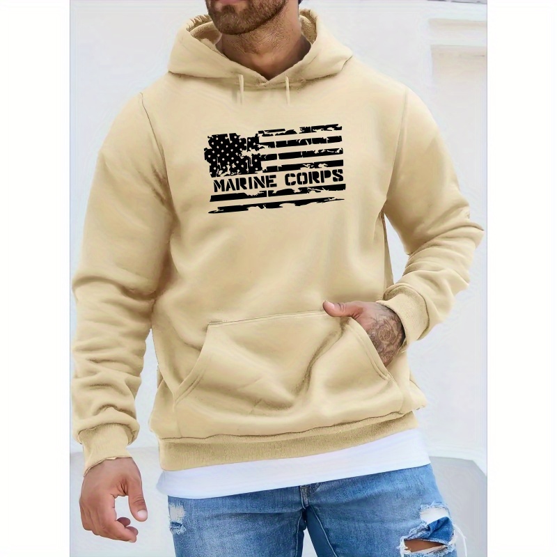 

Men's Marine Corps Letter American Flag Print Plush Cozy Long Sleeve Hoodies, Warm Casual Comfy Hooded Sweatshirt For Autumn And Winter