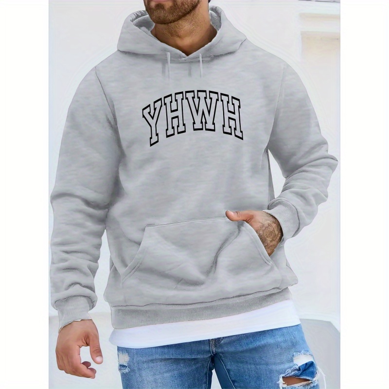 

Men's Polyester Hoodie With Yhwh Print - Casual Knit Fabric Long Sleeve Pullover With Hood, Slight Stretch, Regular Fit For Winter