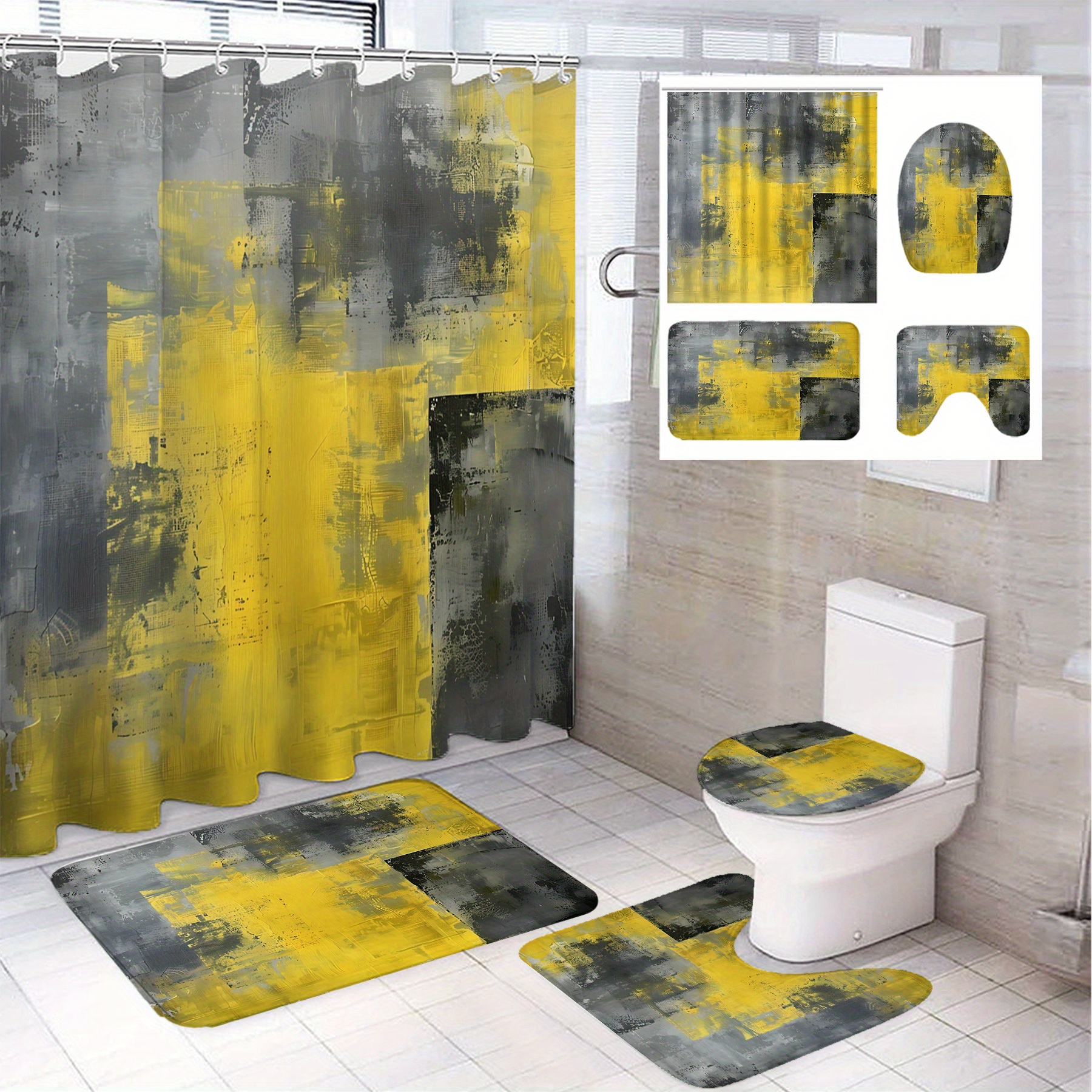 

Modern Bathroom Set: 71"x71" Yellow And Gray Geometric Print Shower Curtain, Bath Mat, Toilet Seat Cover, And U-shaped Rug - Perfect For Christmas And Decor