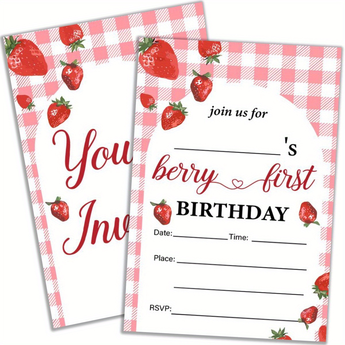 

20-pack Strawberry Themed First Birthday Party Invitations With Envelopes, Paper Material, No Electricity Required, Suitable For Kids Birthday, Seasonal Holidays & More, Cartoon Pattern Design Invites