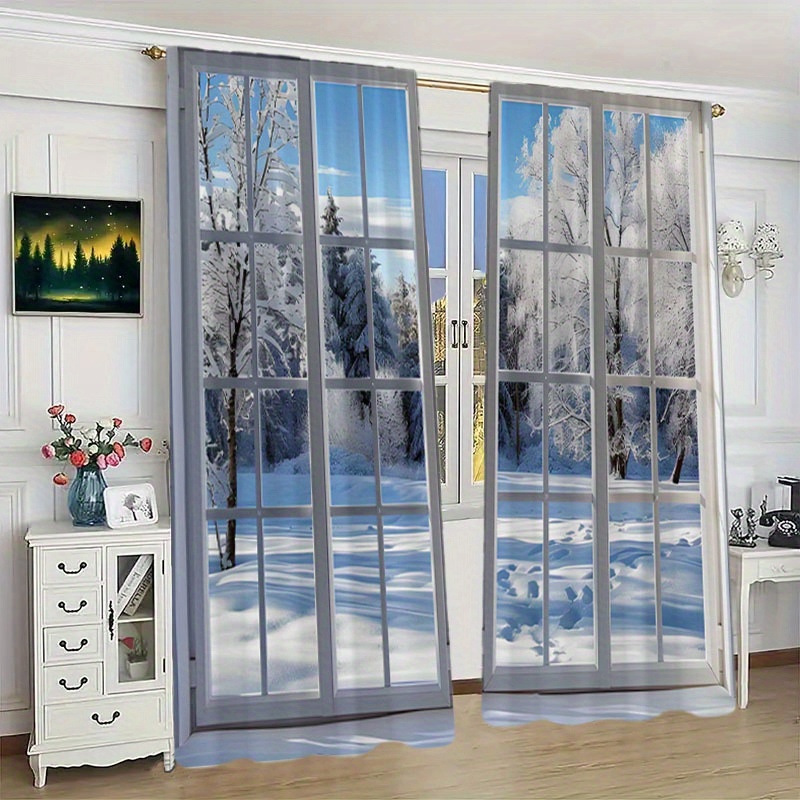 

Vintage Jacquard Polyester Curtains With Snow Landscape Print – 2pcs Lined Drapes For Bedroom, Office, Living Room, Study – Machine Washable, Fade-resistant Window Treatment