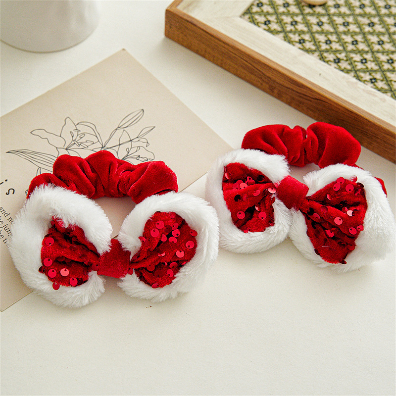 

2pcs Red Sequin Bow & White Plush Velvet Scrunchies - Soft, Hair Ties With Glittery , Perfect Christmas Accessory Gift Set