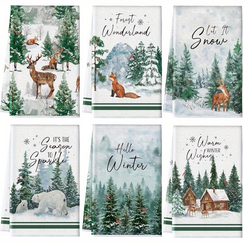 

Winter 6pcs Kitchen Towel Set - Cozy Farmhouse Decor With And Snowflakes, Polyester, Machine Washable, Perfect Housewarming Or Holiday Gift, 18x26 Inches