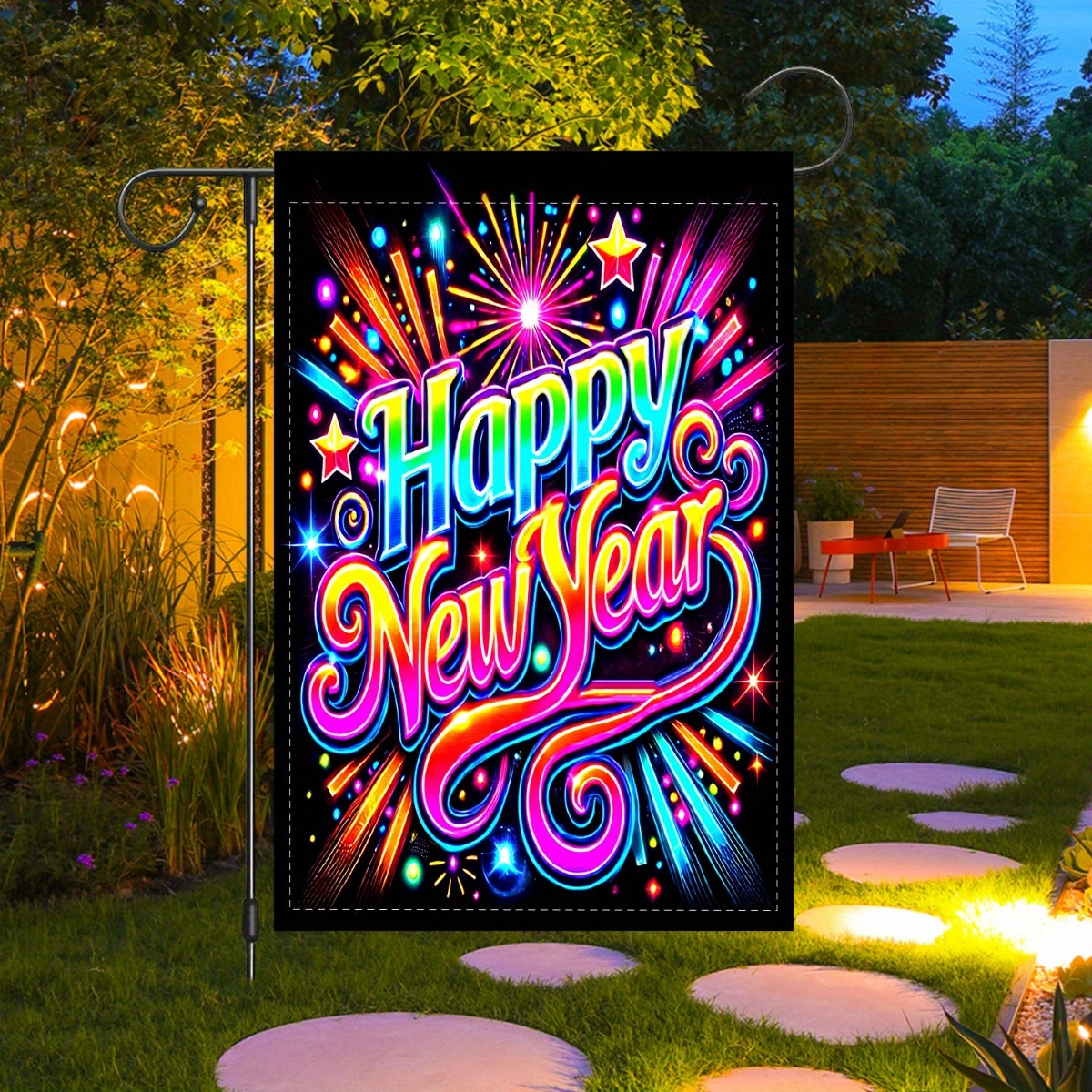 

1pc, Happy New Year Fireworks Celebration Flag, 12x18 Inch, Double-sided Polyester, & Patio Decor, Outdoor Party Banner, No Flagpole Required