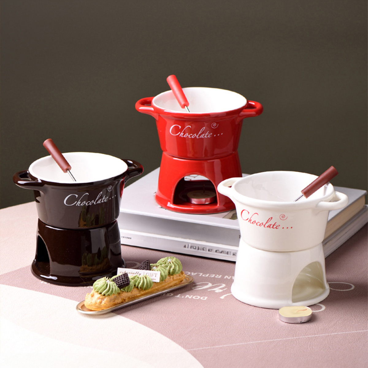 Chocolate Fondue Cups Set With Forks - Mini Ceramic Melting Pot For Date Night, Birthdays, Gifts (Brown)