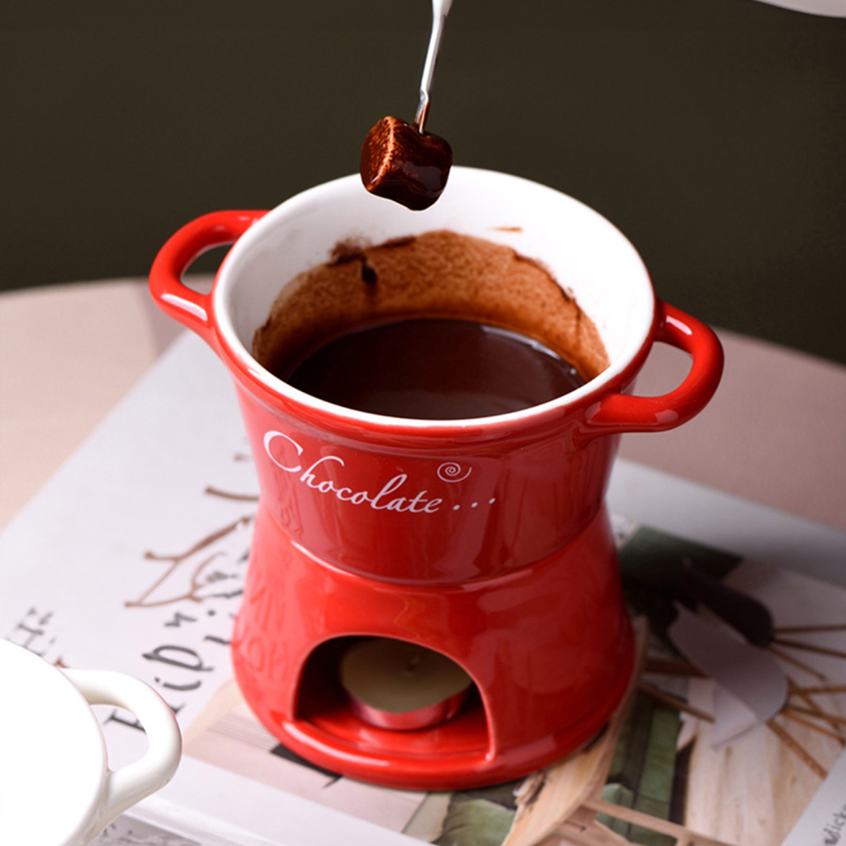 Ceramic Chocolate Fondue Set with Forks Dual Handle Cheese Ceramic  Fondue Pot for Chocolate, Cheese, Butter No Power Supply Needed