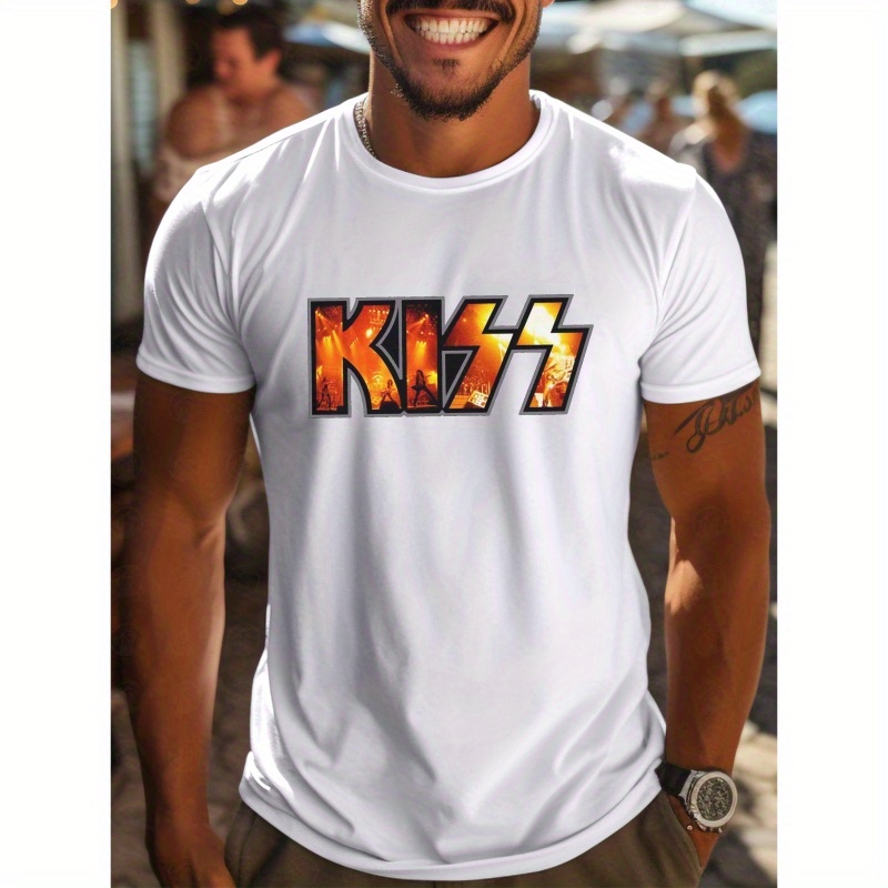 

Men's Rock & Roll Kiss Graphic Tee - Casual Short-sleeve T-shirt For Summer, Breathable Polyester Fabric