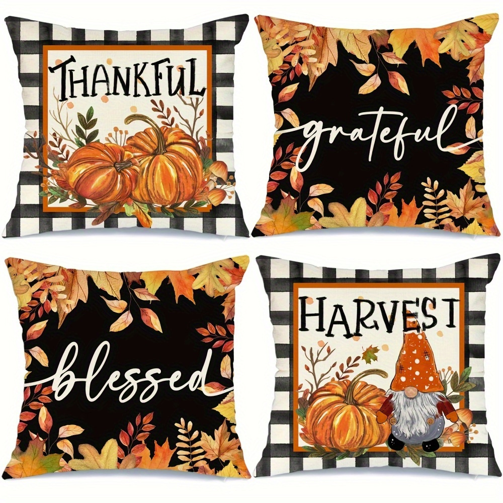 TEMU 4 Pcs Fall Throw Pillow Cover Thanksgiving Maple Pumpkin Decor - Decorative Cushion Cover For Living Room, Bedroom, Sofa, Home And Party Decor - 18x18 Inches - Liner Not Included