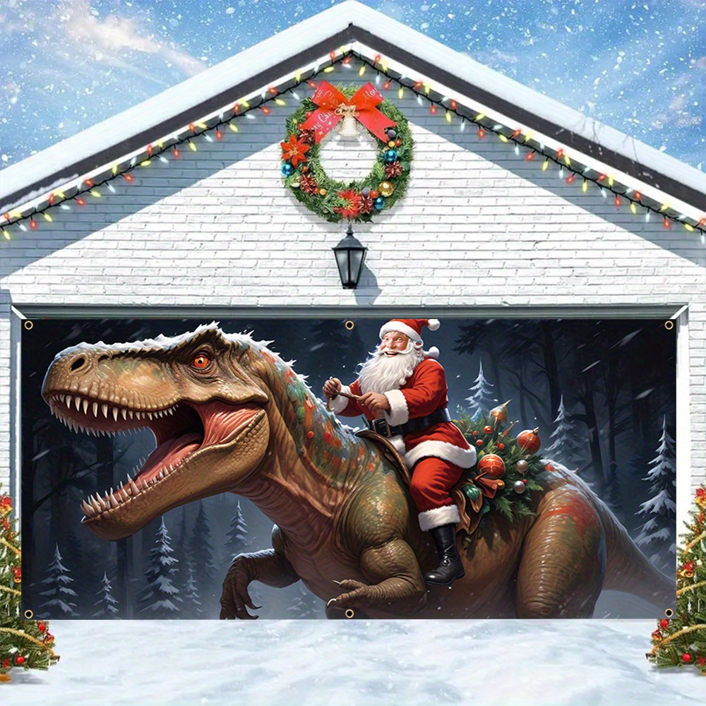 

1pc, Christmas Large Garage Door Banner, Polyester, Santa Claus Riding Dinosaur Pattern, Bright And Durable, Perfect For Winter Christmas Eve New Year Holiday Outdoor Wall Decoration