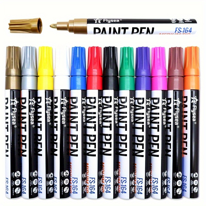 

12-pack Oil-based Paint Pens, Quick Dry Permanent Marker Set For Multiple Surfaces - Medium Tip, Plastic Material