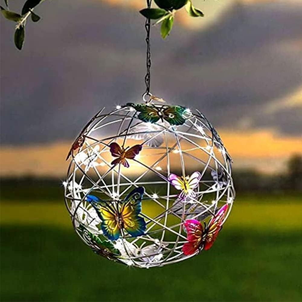 

3 Pack Solar Outdoor Lights Garden Hanging Round Ball Light With Butterfly Weaving Lamp Garden Decoration Nightlight, Hanging Solar Ceiling Lamp For Garden, Yard, Patio, Lawn, Flower Bed