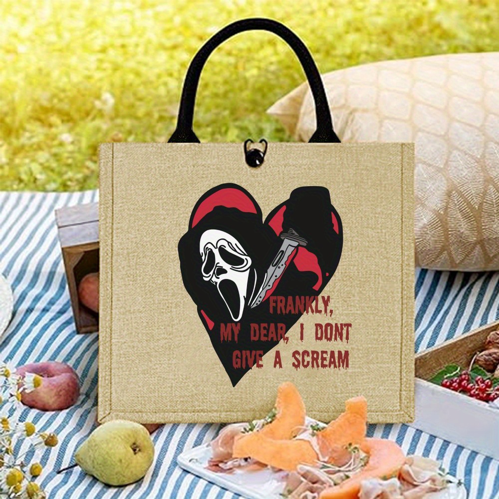 

1pc Halloween Jute Tote Bag - Rectangle, Handbag With Print, Large Capacity For Outdoor Picnic, Party, Shopping, Travel - Trendy Horror Themed Design