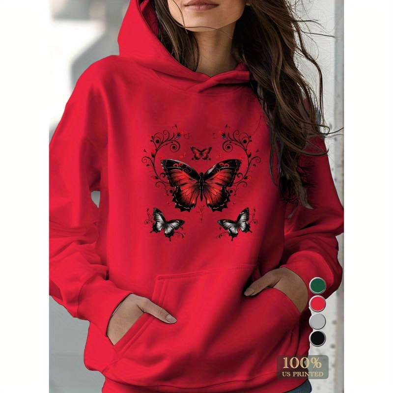 

Butterfly Print Hoodie, Casual Long Sleeve Kangaroo Pocket Sweatshirt, Women's Clothing