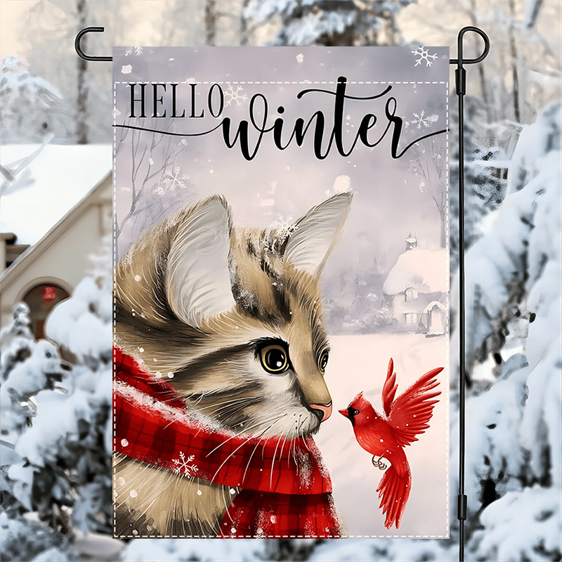 

Winter Cat & Garden Flag - Double-sided, Waterproof Burlap Outdoor Decor For Christmas And Holidays, 12x18 Inches