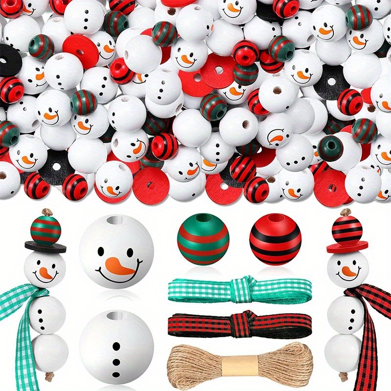 

50-piece Christmas Snowman Wooden Beads Set With Green Stripe, Winter Wood Beads, Holiday Buffalo Plaid Wooden Round Beads For Diy Beading Scarf Crafts & Tree Decorations