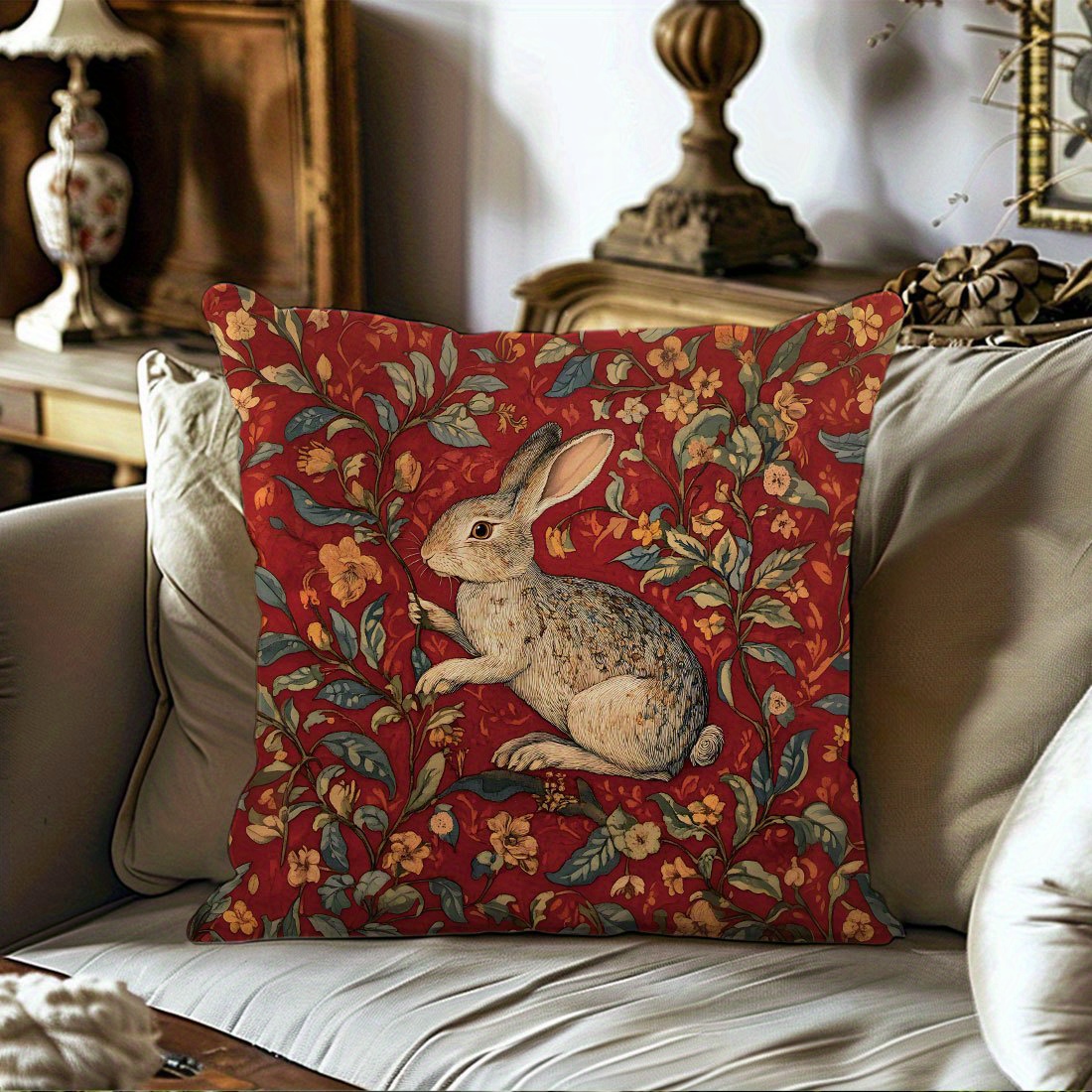 

1pc Memnun Vintage Rabbit Style Throw Pillow Cover, Texture, Machine Washable, Zipper Closure, Polyester, Decorative For Room Types, Woven Fabric, 17.71x17.71 Inches