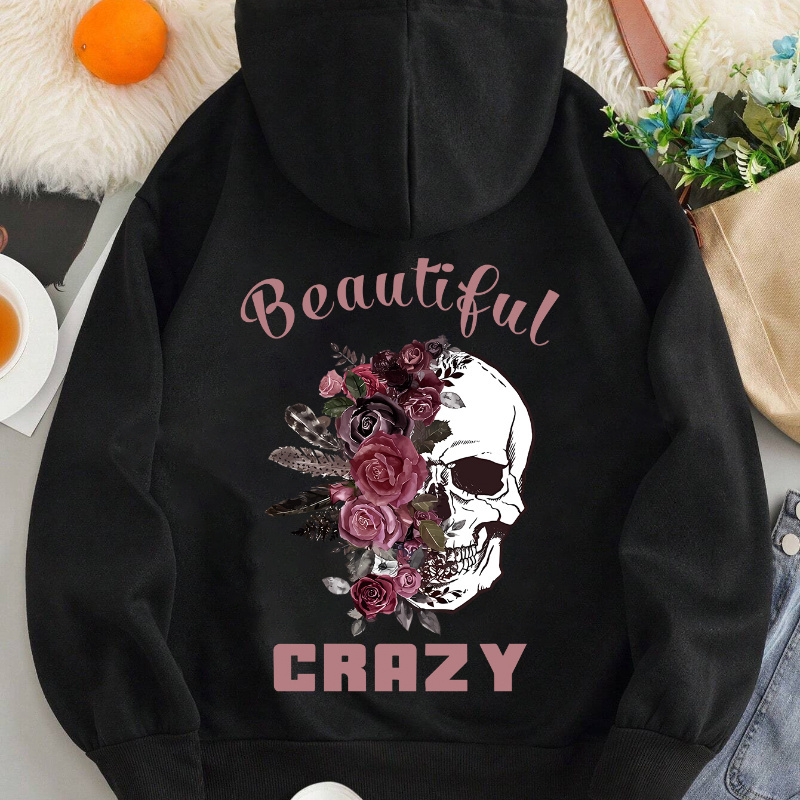 

Polyester Casual Hoodie For Women With Skull & Floral Print - Knit Fabric, Long Sleeve, Hooded, Geometric & Alphabet Pattern - Fall/winter Season Sweatshirt