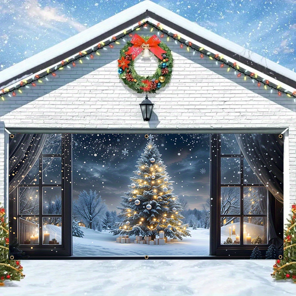 

Large Christmas Garage Door Banner - Durable Polyester With Snowy Tree Design, Perfect For Outdoor Holiday Decorations On Christmas Eve & New Year