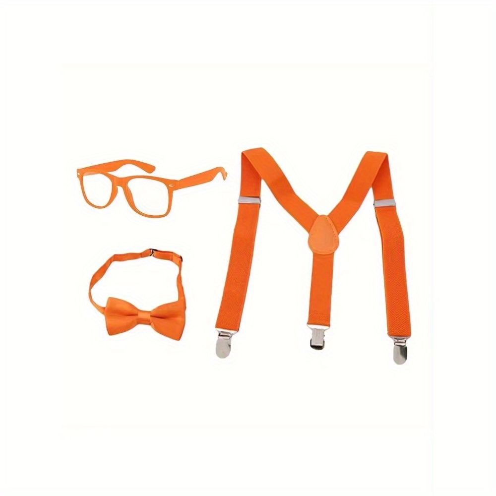 

Pesenar Adult Party Dress Up Set: Neon Orange Bow Tie, Glasses, And Suspender Accessory - Size Halter Party Costume Decorations