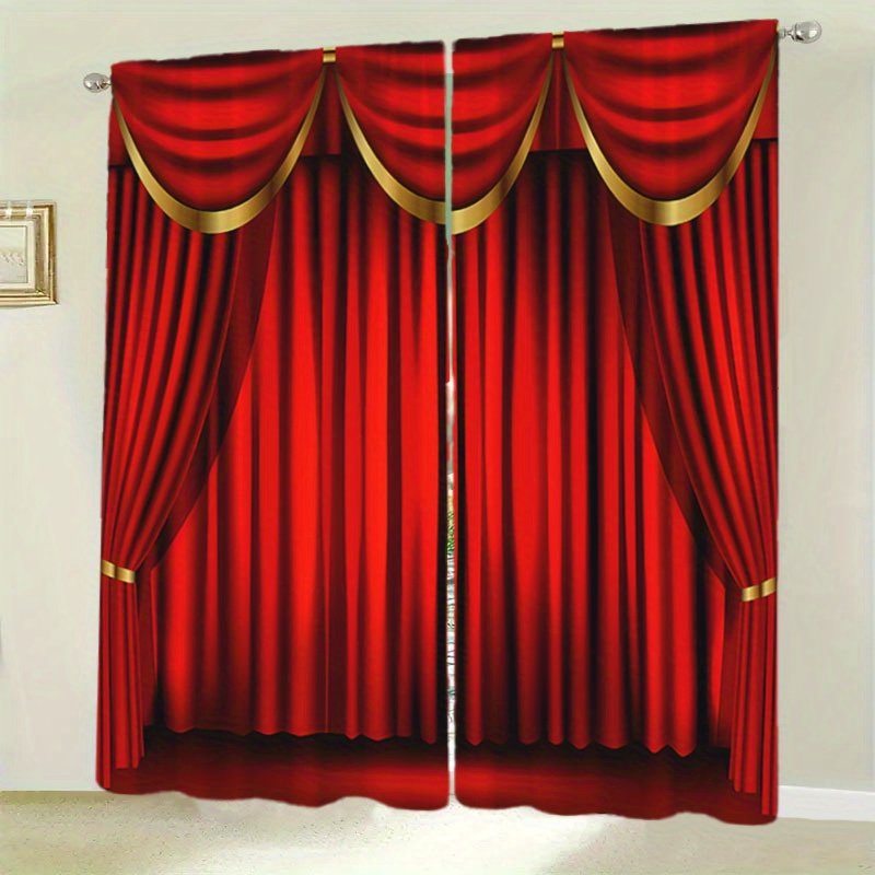 

2pcs Set Red Printed Double- Curtains - Rod For Hanging, For , , Decor