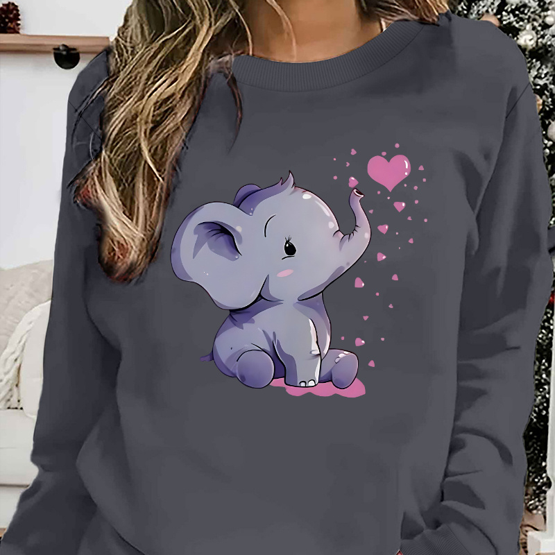 

Elephant & Heart Print Classic And Crew Neck Pullover Sweatshirt, Casual Long Sleeve Sweatshirt For Fall & Winter, Women's Clothing