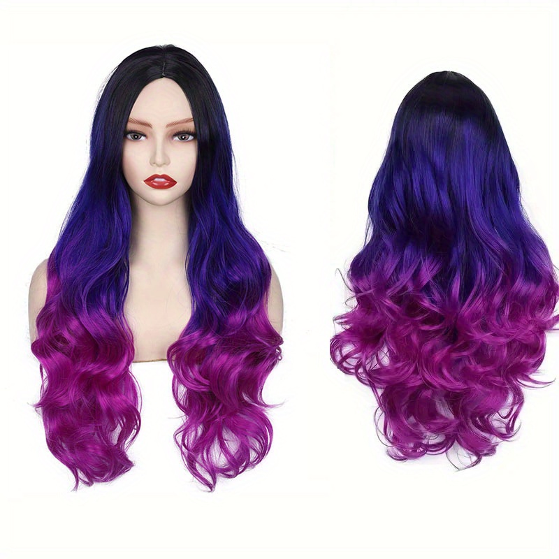 

26 Inch Mid Split Wig, Women's Purple Gradient Long Curly Hair, High-temperature Silk Gradually Changing Color, Big Wave Headband