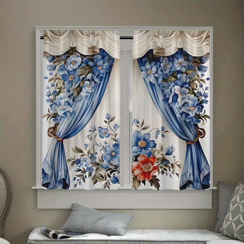 

2 Pieces Blue Floral Decorative Curtains - Suitable For Bedrooms, Offices, Kitchens, Living Rooms, And Study Rooms - Easy To Hang, Durable, And Fade Resistant