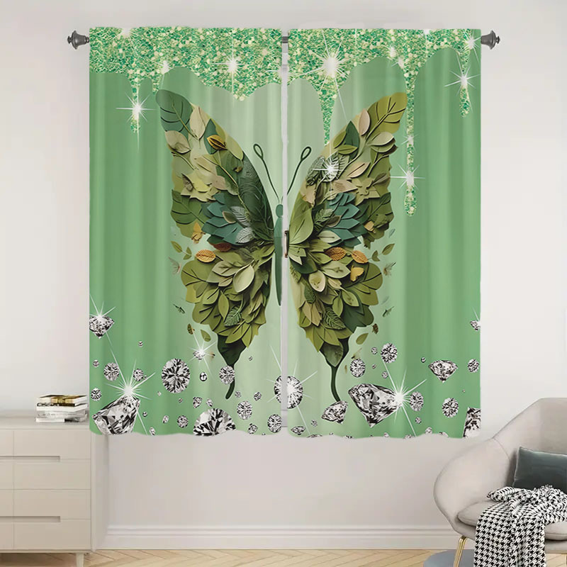 

2pcs Leaf & Butterfly Printed Curtains - Rod , Polyester, Living Room, Bedroom, Study, Dining Area - , Machine Washable, Curtains, Green Leaf, Butterfly, Polyester, Home Decoration