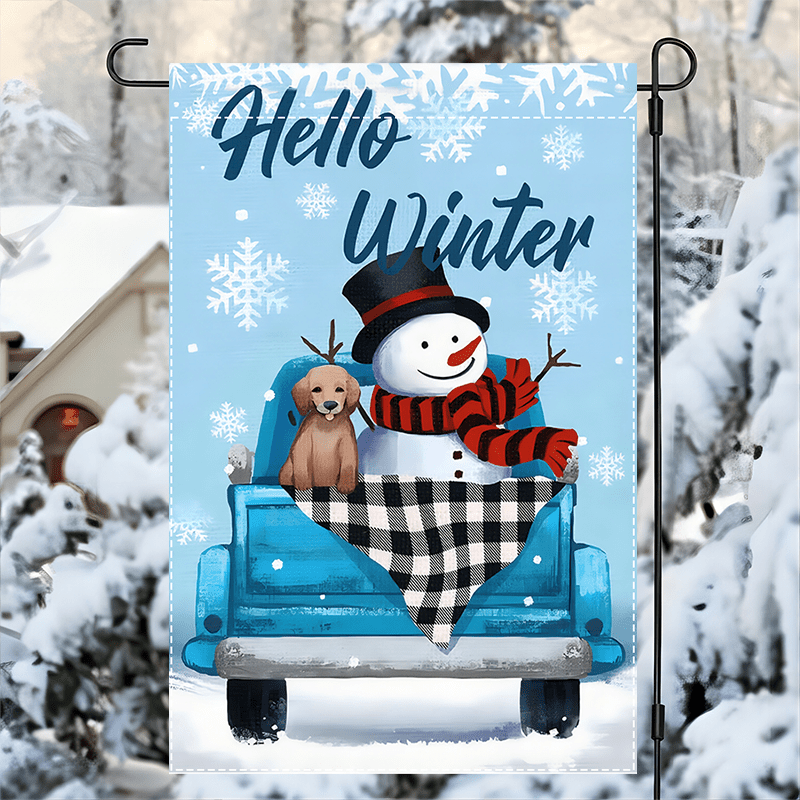 

Hello Winter Double-sided Garden Flag With Snowman And Dog Design, Polyester Burlap Weather-resistant Yard Banner, Machine Washable, No Electricity Required, 12x18 Inch - 1pc