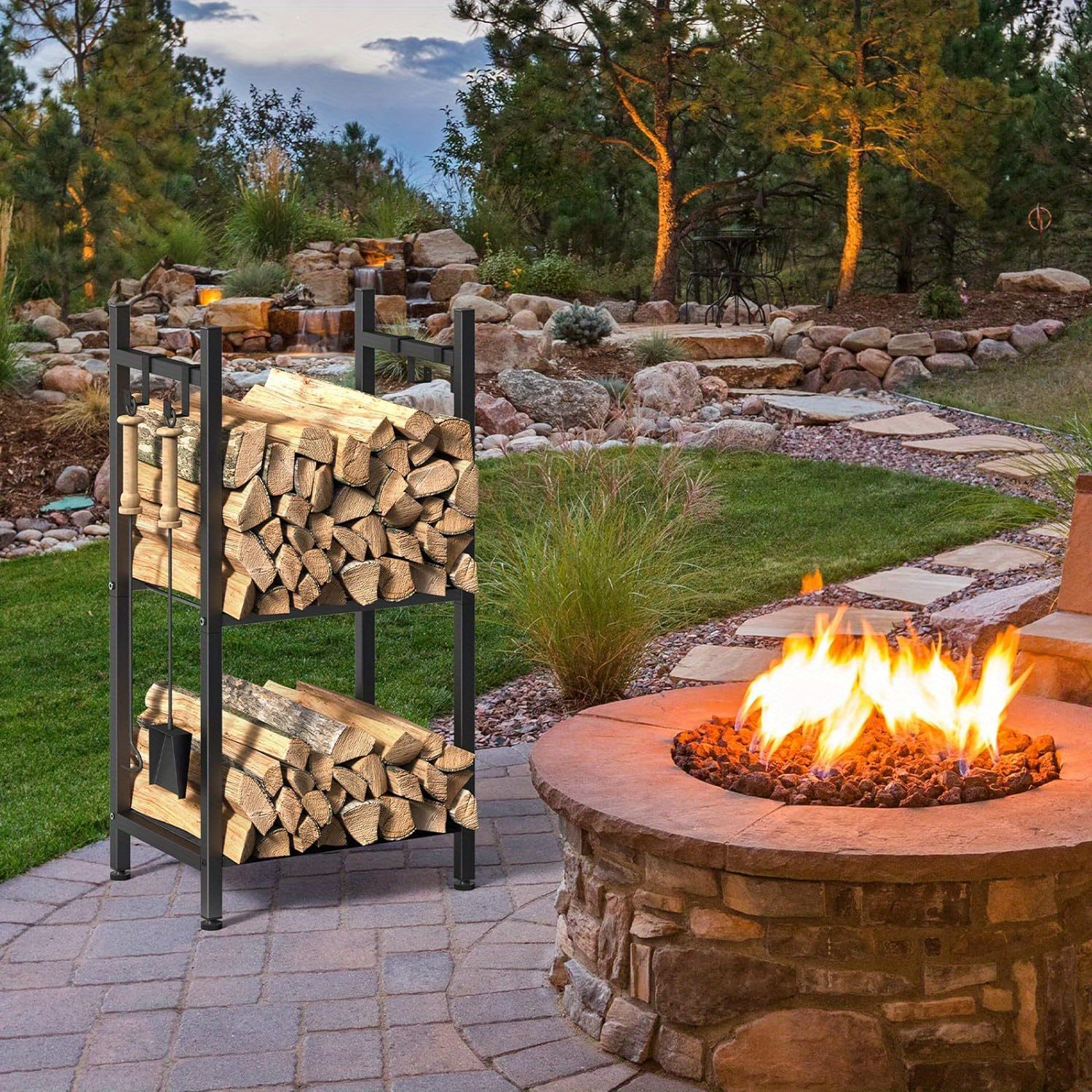 

2-tier Metal Firewood Rack With 4 Hooks, For Versatile Indoor/outdoor Firewood Storage, Fireplace & Patio.