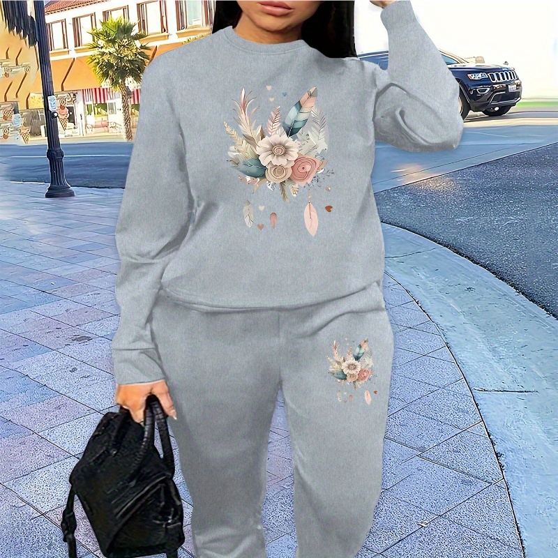 

Women's Casual Floral Print Knit Sweatsuit Set, 100% Polyester Scoop Neck Loungewear, All-season Cozy Comfort Fit Jogger Style Tracksuit With Elastic Waist And Cuffs