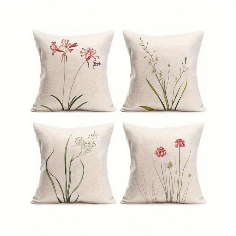 

4pcs Set Vintage Floral & Botanical Watercolor Pillow Covers - Living Room, Bedroom, Office | Polyester, Zip Closure, Machine Washable | Decorative Cushion Cases Only