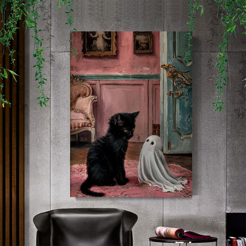 

1 Pc Wooden Framed Black Cat And , Canvas Painting (1)thickness/ 0.9inch Wall Art Prints Poster Wall Picture Decor For Home Gifts, Living Room, Bathroom, Bedroom, Kitchen