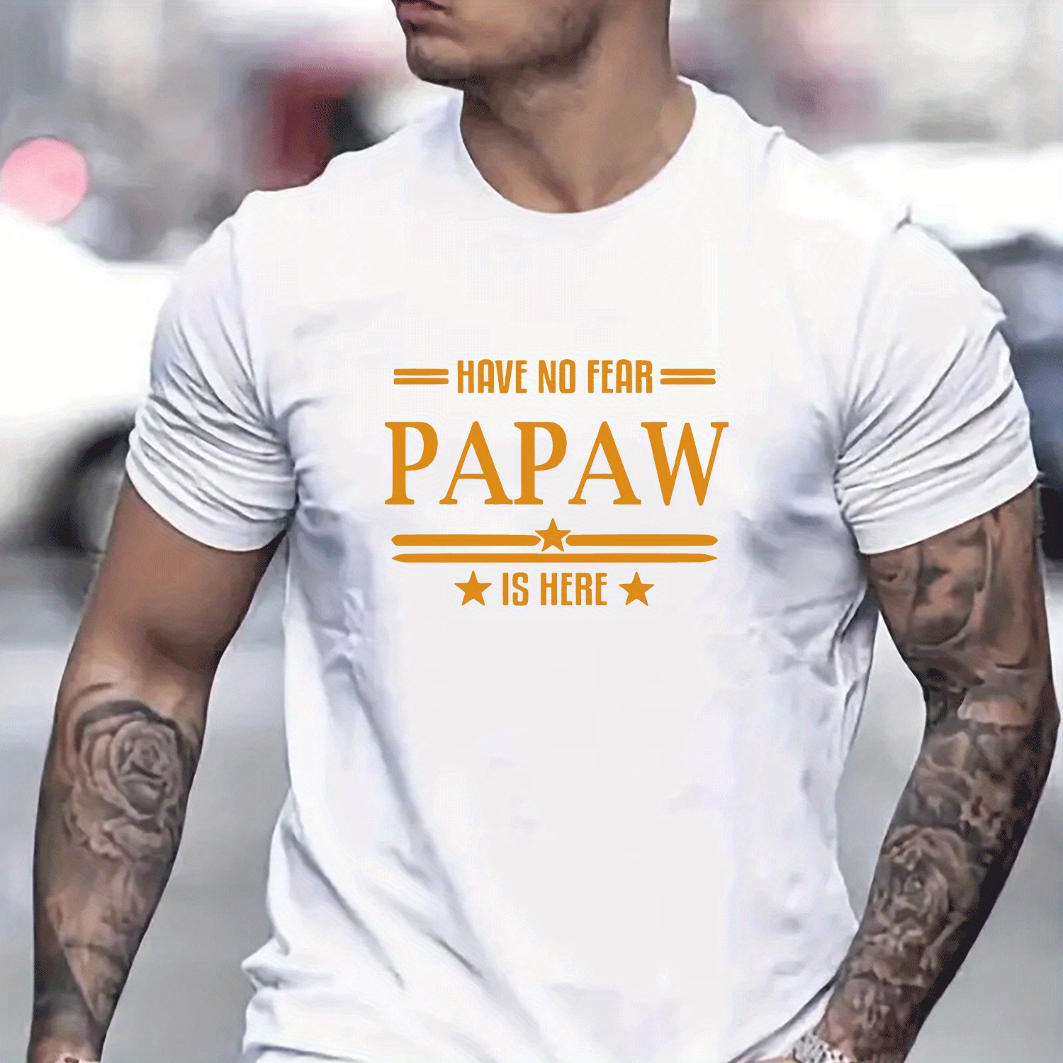 

Men's "papaw Is Here" Graphic T-shirt - Polyester Knit Fabric Short-sleeve Casual Crew Neck Tee With Slight Stretch For Summer