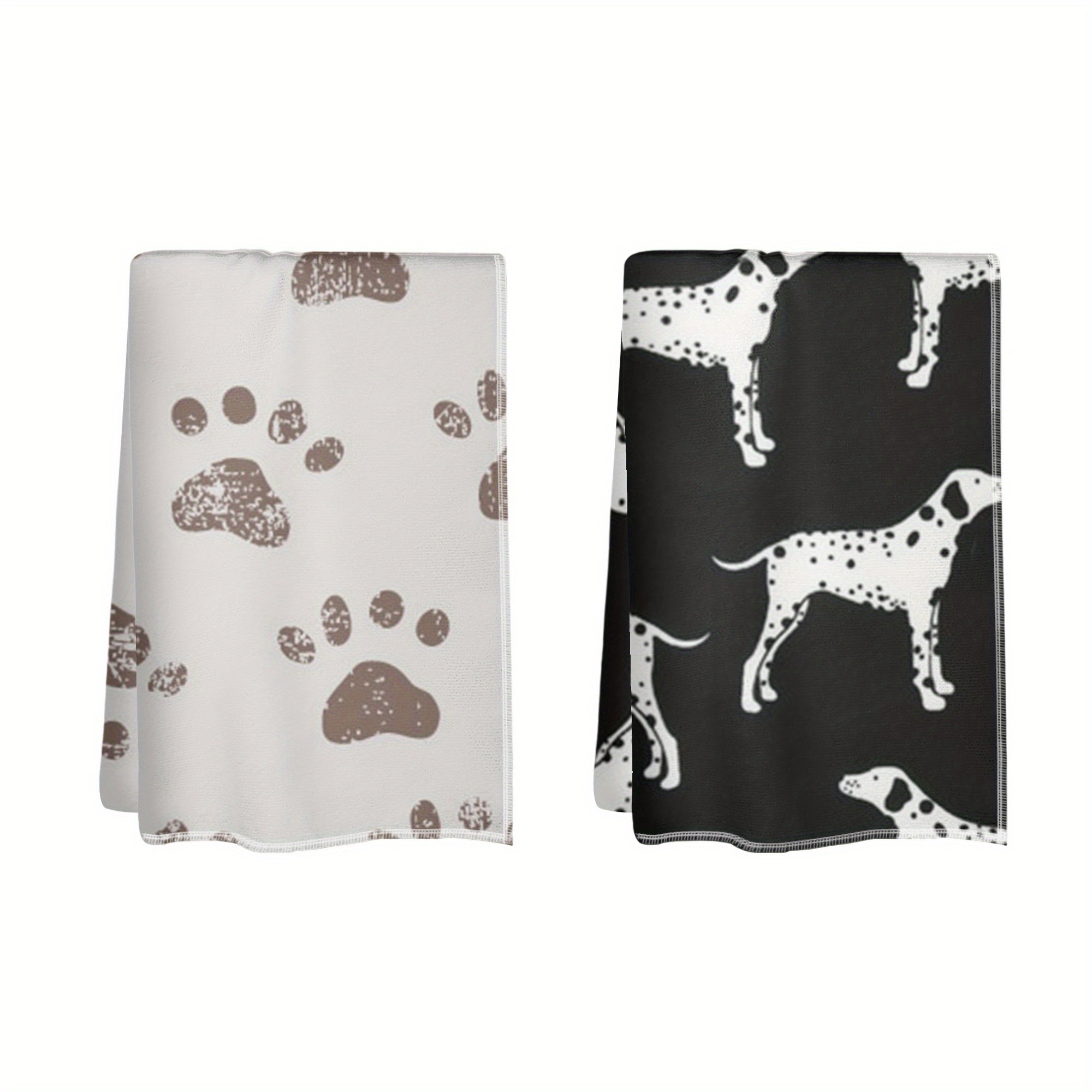 

2 Pack Dog Theme Dish Towels - Contemporary Cartoon Dalmatian & Paw Prints Design 18x26 Inch, Super Soft Polyester Kitchen Towels, Machine Washable Oblong Towel Set For Home And Office Use