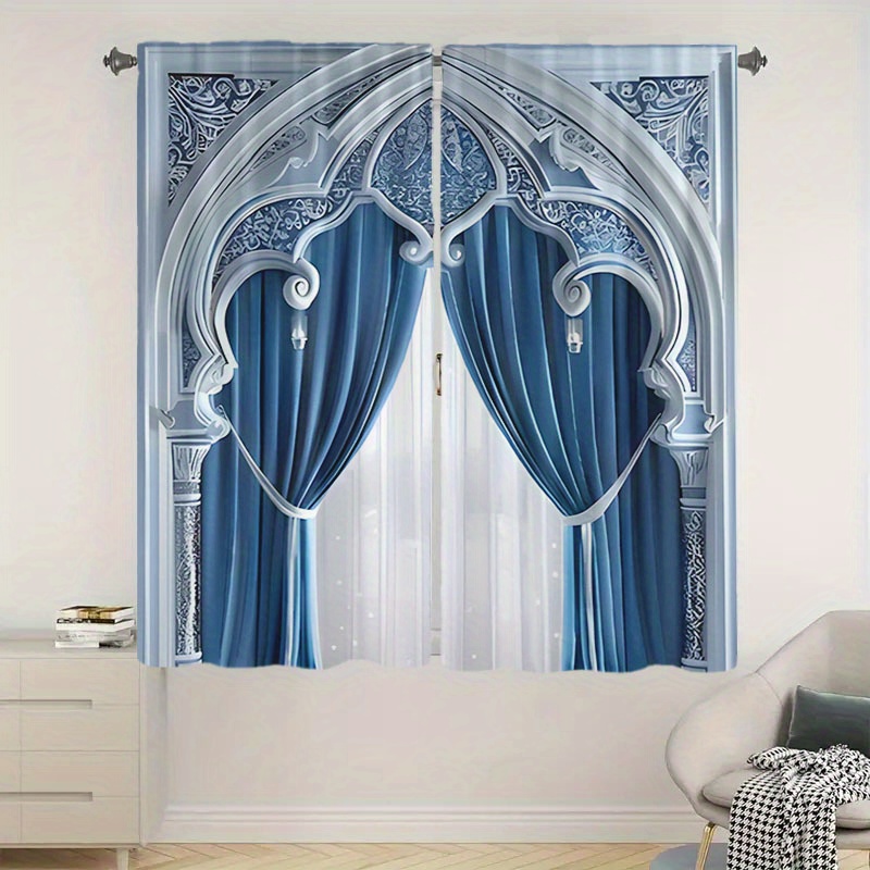 

2pcs Contemporary Blackout Curtains With Gothic Arch Design, Rod Pocket, Water-resistant Polyester Panels For Living Room, Bedroom, Office - Machine Washable, Fashion Theme, 180-200g Fabric Weight