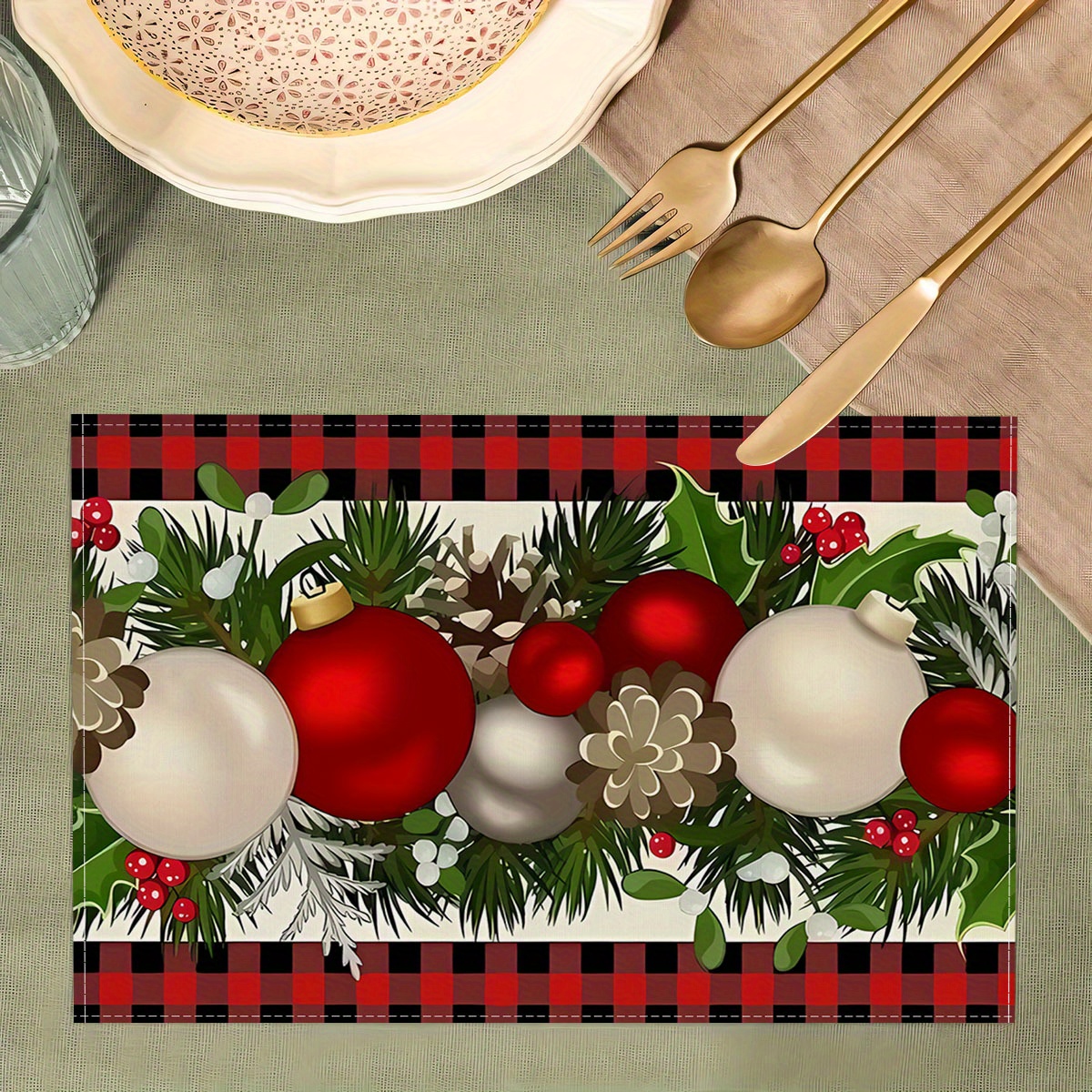 

Christmas Tree Placemats Set Of 1/4/6/8/12 - Machine Washable, Rectangular Polyester Knit Fabric Table Mats For Holiday Dining, Home & Kitchen Decoration - Design