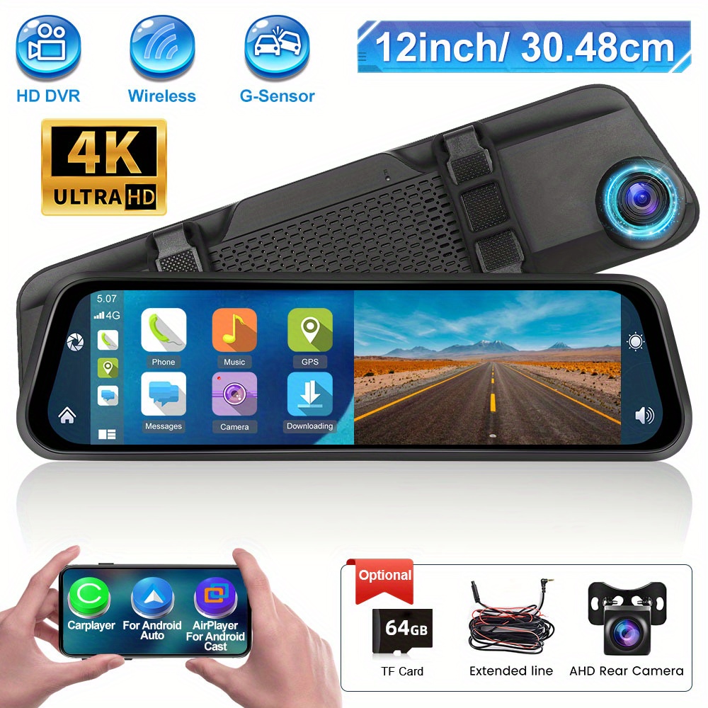 

Nhopeew 12- Car Car 4k Hd Supports Carplayer& For Supports And Rear Hd Dvr 64gb Tf & Hd ()