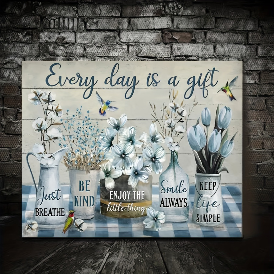 

1pc White Cotton Flower, , Colorful Hummingbird, Every Day Is A Gift - Landscape Canvas With Wooden frame, ready to hang