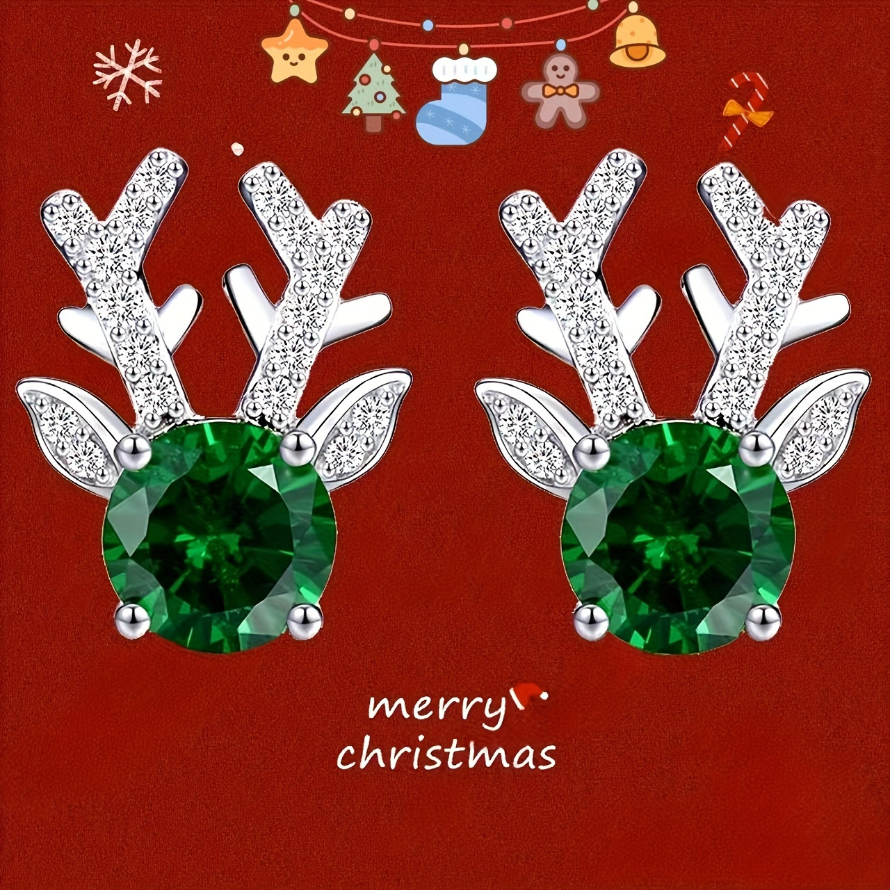 Image of Cute Unique Inlay Green Synthetic Zirconia Deer Horn Earrings For Women Daily Vacations Parties Exquisite Christmas Accessories