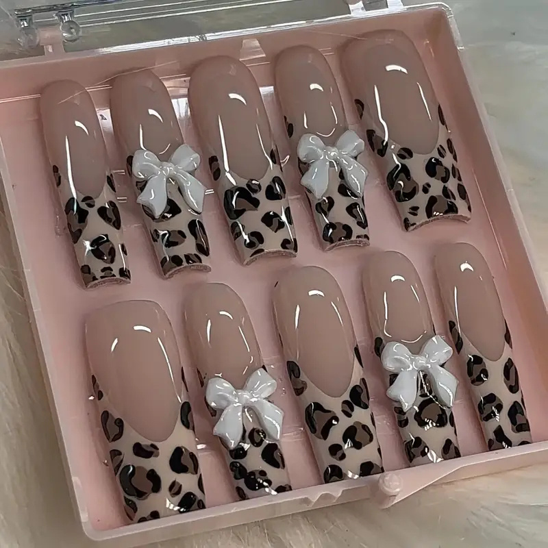 

24pcs Set - Long Square Press-on Nails With Bow & Leopard Print, - Full Coverage, Handcrafted Acrylic Fake Nails For Women