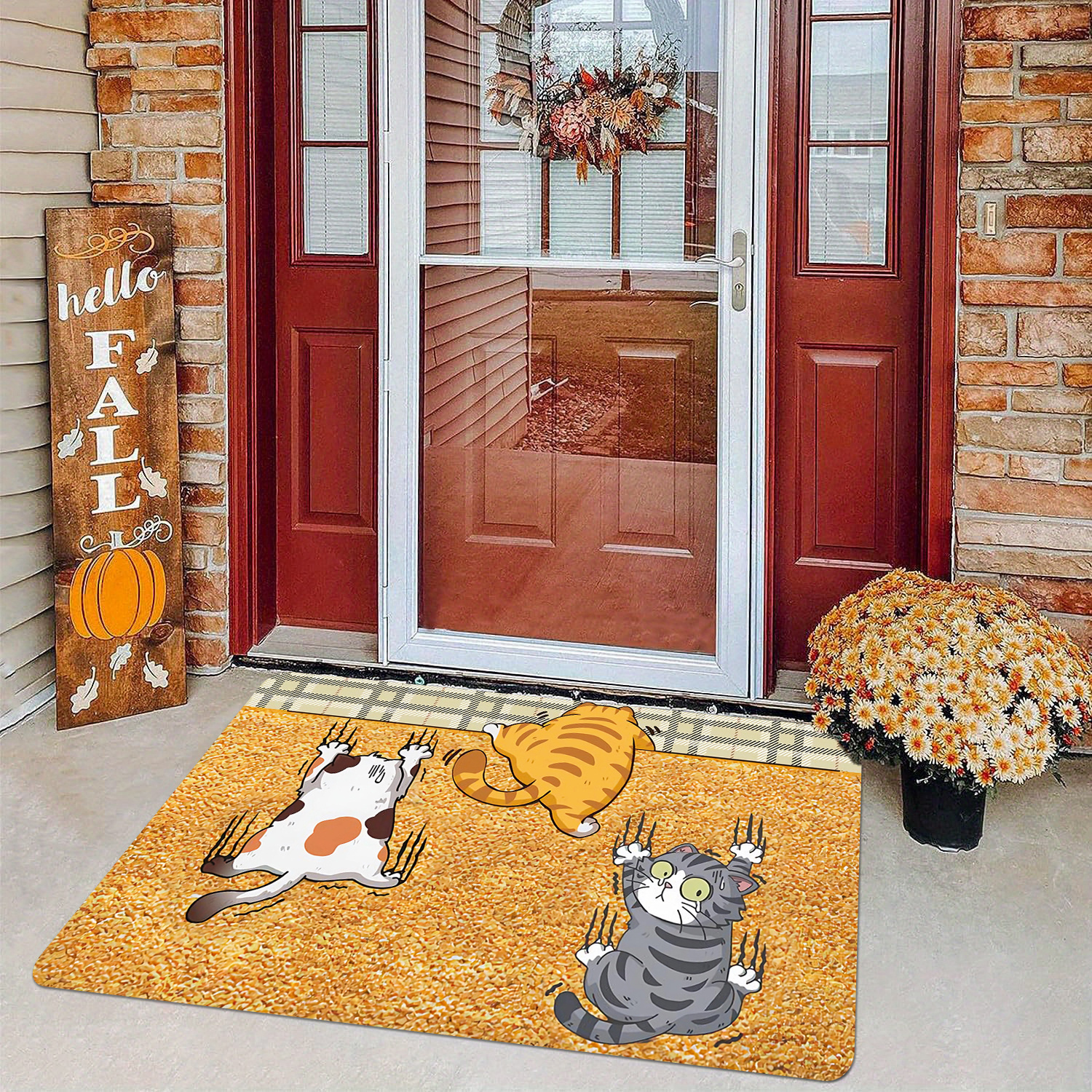 

1pc Polyester Welcome Doormat With Cute Cats Pattern, Anti-slip Machine Washable Soft Short Plush Rug, Ideal For Entryway, Living Room, Bedroom - Seasonal Pumpkin And Stripe Design