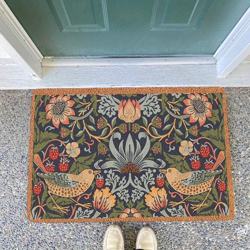 

A Vintage Floral And Bird Patterned Doormat, Soft Short Pile Non-slip Polyester, Suitable For Home Decor In Living Rooms, Bedrooms, Dining Areas, And Outdoor Decoration.