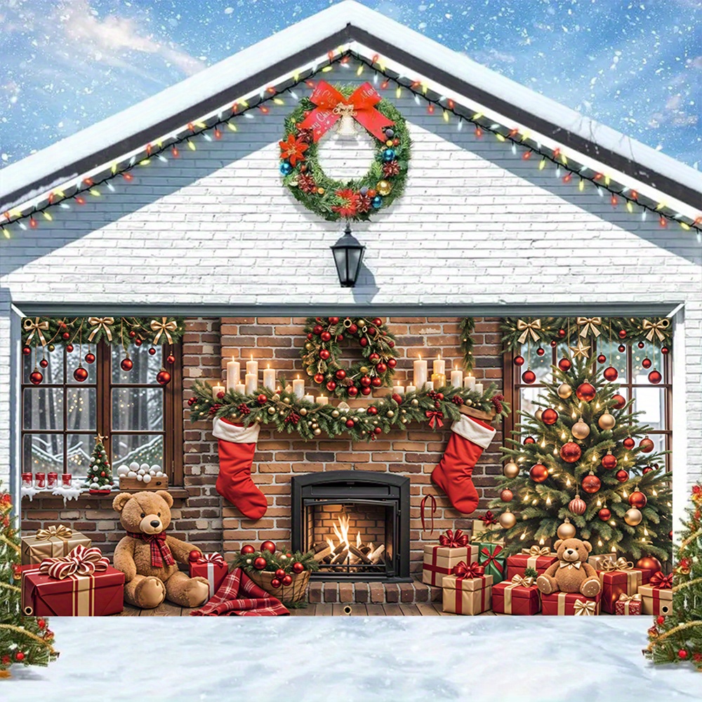 

1pc, Christmas Large Garage Door Banner, Polyester, Warm Christmas Fireplace Gift, Bright And Durable, Perfect For Winter Christmas Eve New Year Holiday Outdoor Wall Decoration