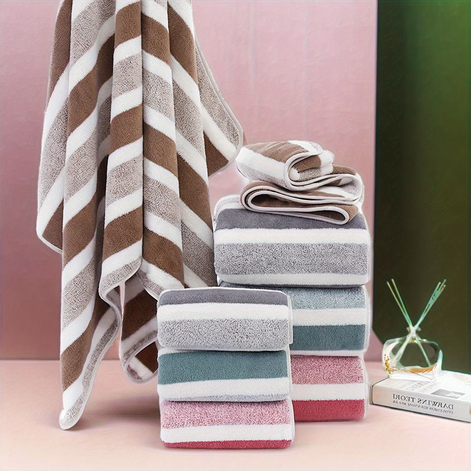 

1pc Striped Bath Towel Set - Absorbent, Dry & , , , , Absorption, Or Washable, For And Decor,