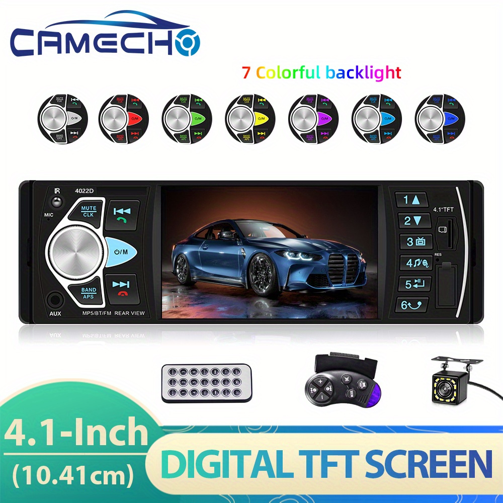 

CAMECHO Autoradio multimédia voiture, autoradio DIN, écran TFT numérique de 4.1 pouces, fil et appels , récepteur FM, MP5, AUX/TF/USB, télécommande SWC + caméra de recul 12 LED.