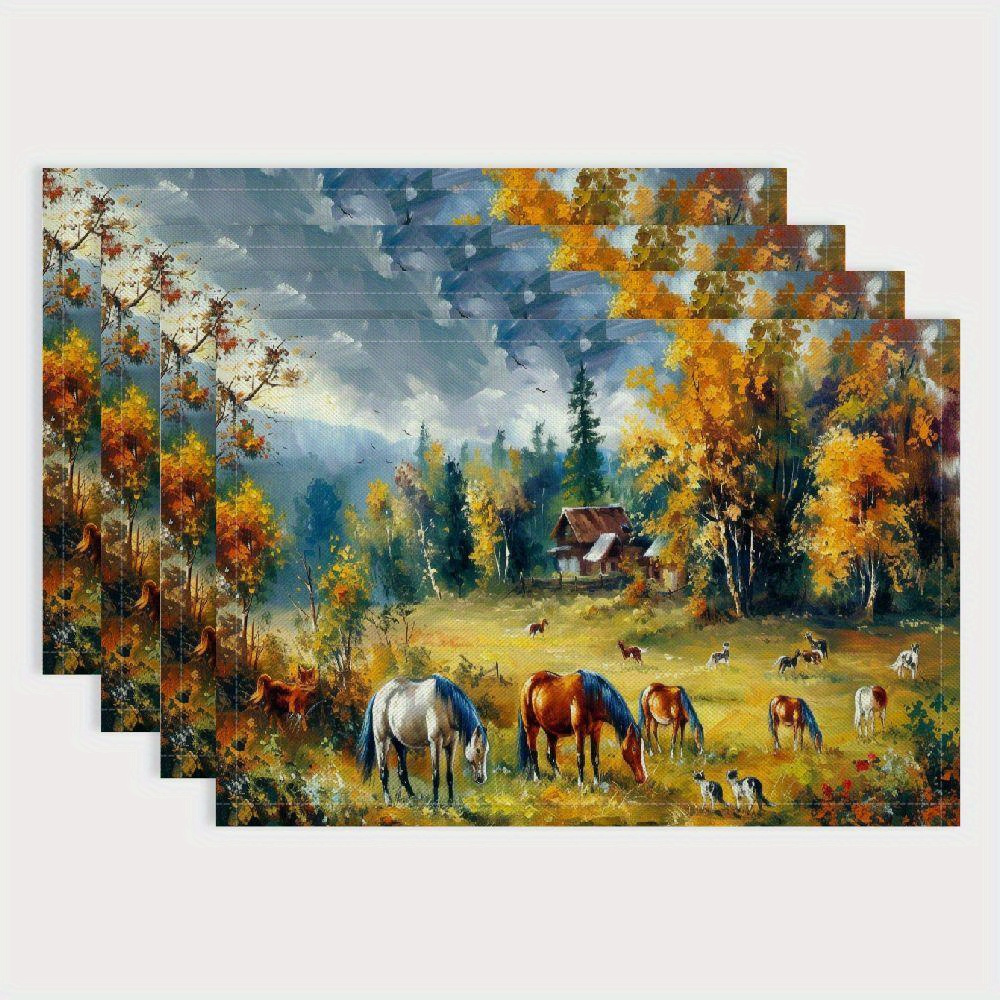 

4-pack Print Placemats, Autumn , Polyester, Heat-resistant, Easy Clean, Rectangular, Hand Wash Only, For Outdoor Party, Picnic, And Home Decor