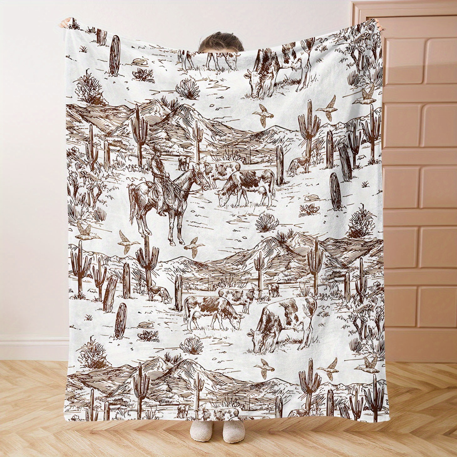 

Mid-century Western Scenery Printed Flannel Throw Blanket – Soft And Cozy Digital Print Polyester Knit Blanket For Bed, Sofa, Office, And Camping – All-season Lightweight Comfort – Retro Style